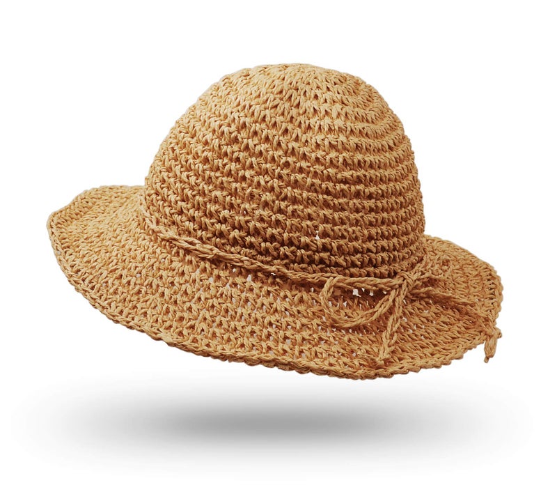 UltraKey Straw Hat, Handmade Beach Wide Brim Cap Foldable Outdoor Sun Hat Beach Headwear for Children Khaki - Image 1